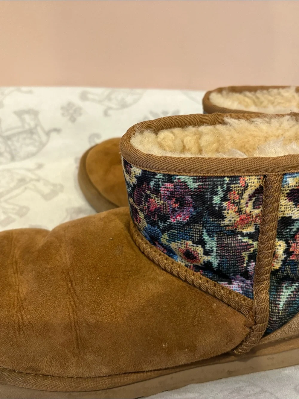 Cozy UGG Brown Suede Ankle Boots with Floral Cuff